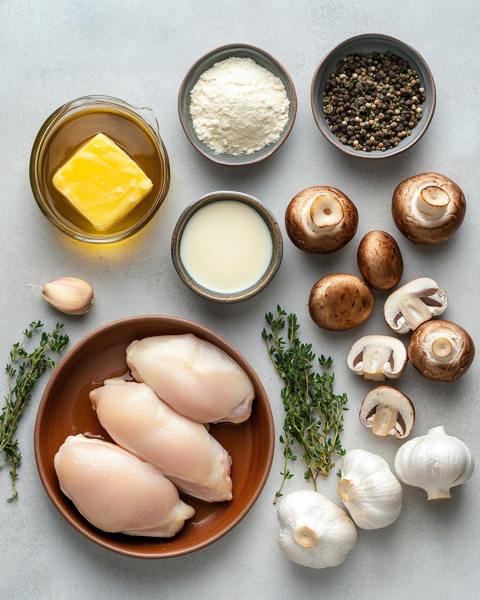The image shows a creamy dish in a white pot with browned pieces of meat partially covered by a thick mushroom sauce. The sauce is light brown and smooth with visible black pepper and herb specks. Several sliced, cooked mushrooms are spread on top of and mixed within the sauce, adding texture and darker brown tones. Small green herb leaves are scattered on the surface, adding fresh color contrast. The edges of the pot are visible, showing a worn look with some sauce splatters. The dish looks rich and warm, with a shine on the sauce signaling moistness photo taken with an iphone --ar 4:5 --v 7