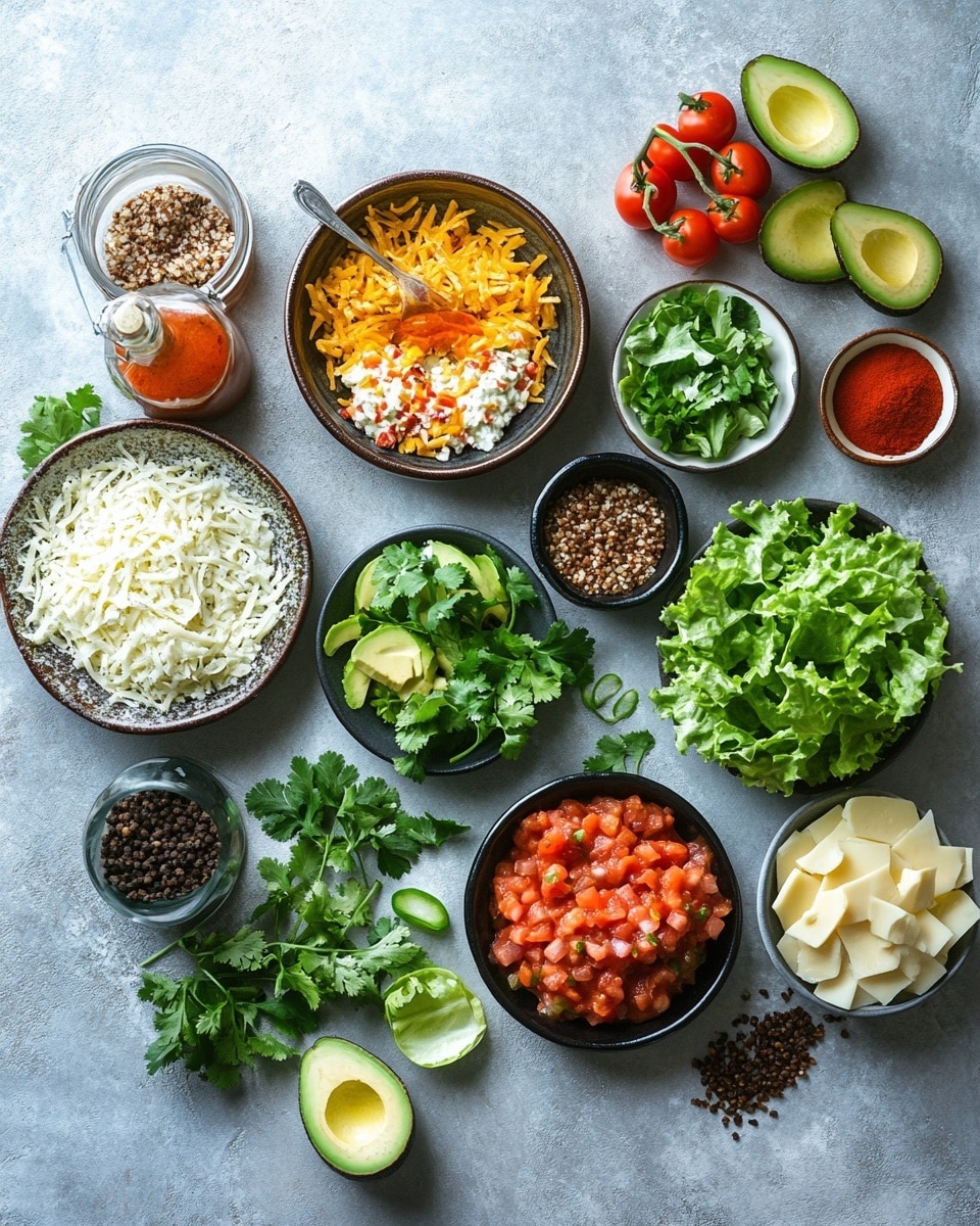 Two soft tortillas are filled with shredded light brown cooked chicken as the base layer, topped with a smooth, light orange melted cheese sauce and small pieces of red tomato scattered on top. Bright green chopped cilantro leaves are sprinkled over the cheese sauce for contrast. The tacos are arranged on a white marbled surface with a small white bowl of crisp green lettuce to the side, and out of focus tortilla chips and green cilantro in the background. photo taken with an iphone --ar 4:5 --v 7