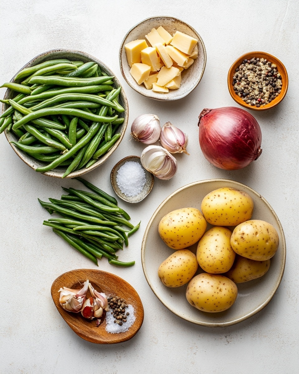 A white oval dish filled with cooked green beans and small yellow potato chunks mixed together, with crispy pieces of reddish-brown bacon scattered on top. The green beans are long and slightly shiny, the potatoes are soft and smooth, and the bacon adds a crunchy texture with a rich color contrast. The dish rests on a beige and white striped cloth over a white marbled surface. photo taken with an iphone --ar 4:5 --v 7