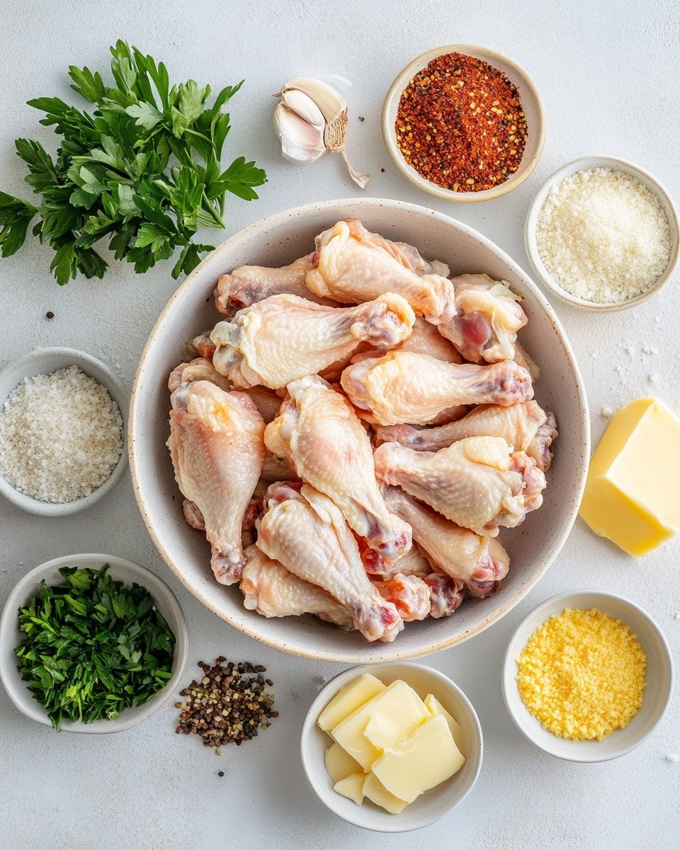 A close-up image of crispy golden brown chicken wings with a crunchy texture and small green herb bits sprinkled on top. The wings are piled on a white marbled surface covered with light brown parchment paper, showing a mix of deep golden and light brown colors with small charred spots. A woman's hand with pink painted nails is holding one wing, highlighting the rough, crispy coating. In the blurred background, there are some round containers with silver tops. photo taken with an iphone --ar 4:5 --v 7