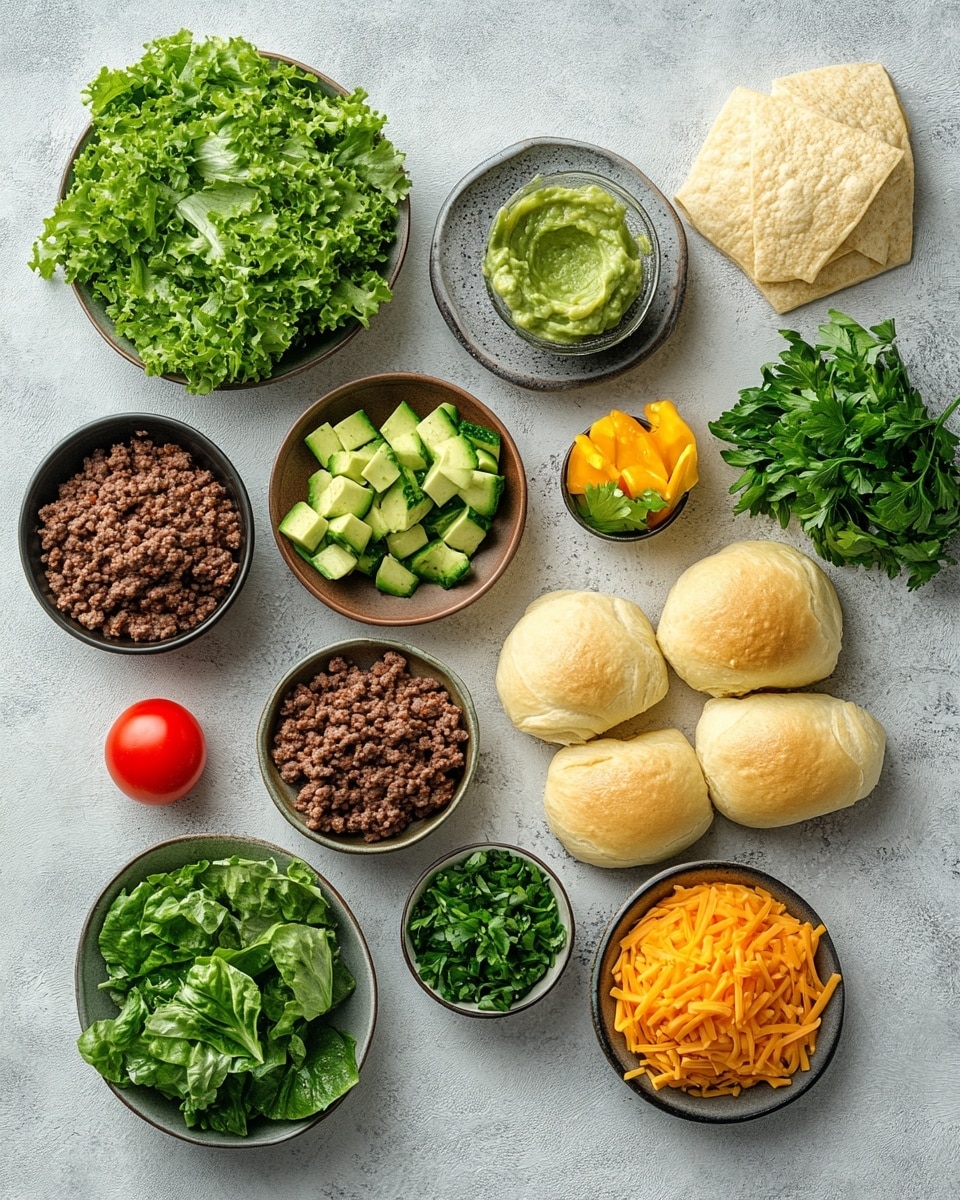 A circular ring of golden-brown stuffed crescent rolls surrounds a white bowl placed in the middle, filled with two types of dips side by side: a chunky red tomato salsa with visible small diced tomatoes and herbs, and a creamy green guacamole with small bits of tomato and herbs mixed in. The crescent rolls have a slightly flaky texture and are garnished with small green herb pieces. The dish is set on a white marbled surface with a blurred yellow bottle, a halved lime, and an orange cloth in the background. photo taken with an iphone --ar 4:5 --v 7