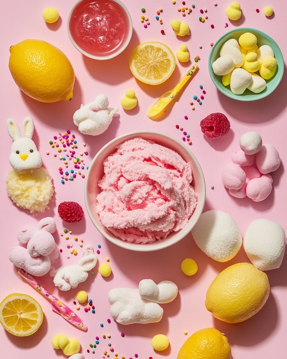 The image shows a clear glass filled with two main layers: the bottom layer is a light pink liquid, and the top layer is a fluffy, whipped light pink foam. Around the edge of the foam are small white marshmallows, and a yellow marshmallow shaped like a bunny with brown eyes and nose sits in the center on top. The glass is on a soft pink surface with lemon halves, a white ceramic bunny figure, a white bowl with colorful sprinkles, and a clear pitcher with pink liquid in the background. There are also striped paper straws in yellow, white, and pink lying next to the glass. Photo taken with an iphone --ar 4:5 --v 7