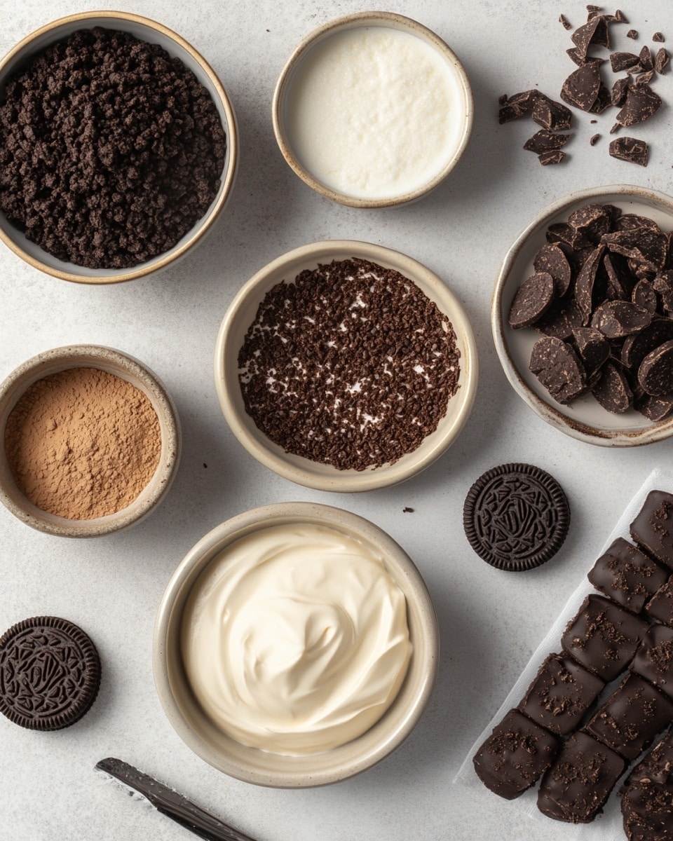A square glass dish filled with three visible layers: the bottom layer is a smooth dark brown chocolate base, the middle layer is thick and creamy light brown chocolate mousse, and the top layer is light brown chocolate mousse with a rough texture covered with crushed dark chocolate cookies scattered unevenly across the surface. The dish sits on a white marbled surface. photo taken with an iphone --ar 4:5 --v 7