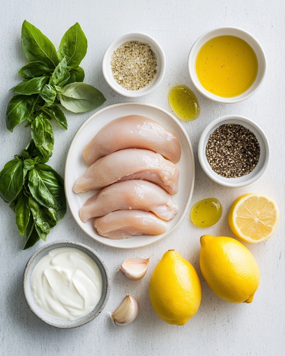 The image shows a white plate with five pieces of grilled chicken lined up diagonally from front to back. Each chicken piece has a golden brown color with charred edges and is topped with small dabs of white sauce and sprinkled with green herbs. On the right side of the plate, there is a small bunch of bright red cherry tomatoes. A slice of lemon is placed behind the tomatoes in the background. The plate rests on a white marbled surface. photo taken with an iphone --ar 4:5 --v 7