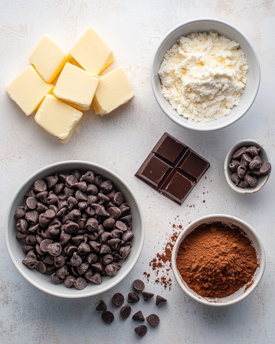 The image shows two chocolate cheesecake brownies stacked on a round white plate. Each brownie has two layers: the bottom layer is dark, rich chocolate, and the top layer is creamy, light cheesecake with a swirled pattern of both colors mixed together. There are several chocolate chips scattered on and around the brownies on the plate. A fork lies partly under the plate, with a small piece of the brownie on its prongs. The plate sits on a soft, textured beige cloth, which is on a wooden table. The background has a white marbled texture. Photo taken with an iphone --ar 4:5 --v 7