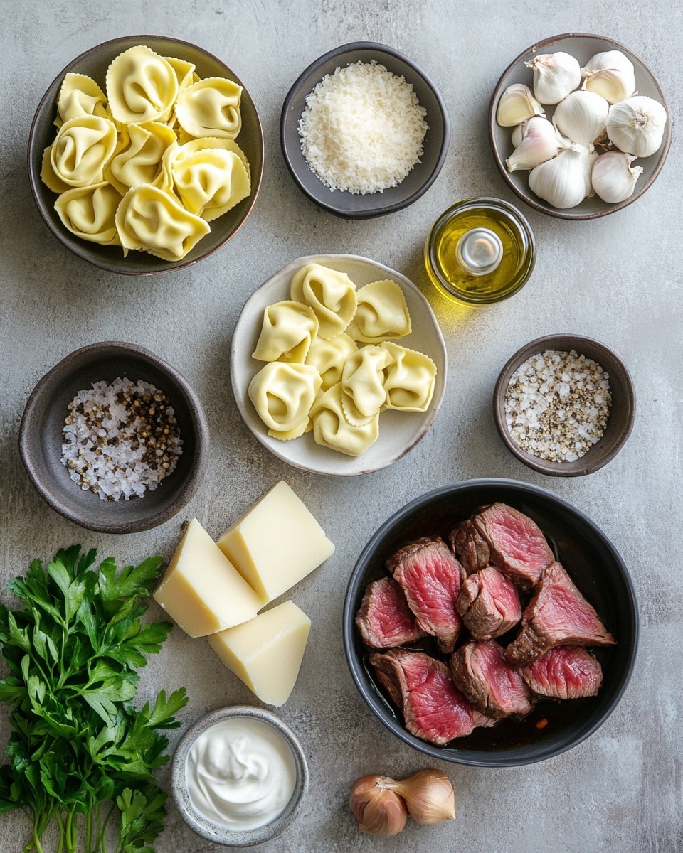 The image shows a close-up of a creamy pasta dish with three main layers. The bottom layer is filled with tortellini pasta, which are pale yellow with a smooth texture, arranged all around. On top of the pasta, there are chunks of browned meat and bright green bell pepper slices scattered throughout. The top layer is a creamy white sauce being poured from a silver spoon, with visible black pepper and herbs floating in it. Small bits of green herbs are sprinkled over the entire dish, adding a fresh touch. The dish is in a deep pan with a black interior, placed on a white marbled surface. Photo taken with an iphone --ar 4:5 --v 7