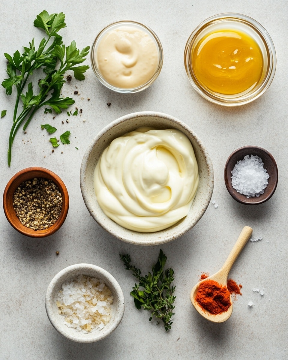 A close-up view of a crispy golden brown fried chicken strip being dipped into a small clear glass bowl full of thick, creamy yellow honey mustard sauce with small specks. The chicken strip covers the upper left part of the image, with its textured breading showing. The sauce smoothly drips off the chicken strip back into the bowl below. In the background, there is a small glass jar filled with honey and a white plate with a wooden honey dipper covered in honey, all set on a white marbled surface. photo taken with an iphone --ar 4:5 --v 7