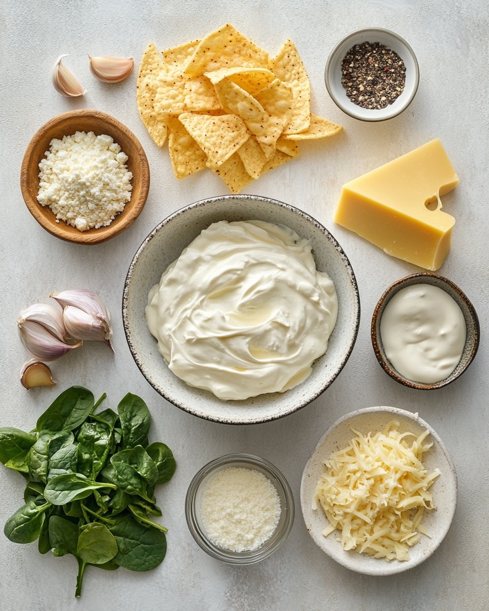 A white oval dish filled with creamy spinach and artichoke dip, showing visible layers of green spinach leaves mixed with soft, pale yellow artichoke pieces, all coated in a smooth, melted white cheese sauce with a slightly browned edge. The texture is thick and gooey, with shredded cheese stretching as a white triangular chip dips into the mixture, against a white marbled textured surface. More light-colored tortilla chips lie scattered around the dish. A textured dark purple cloth is partially visible near the top. Photo taken with an iphone --ar 4:5 --v 7