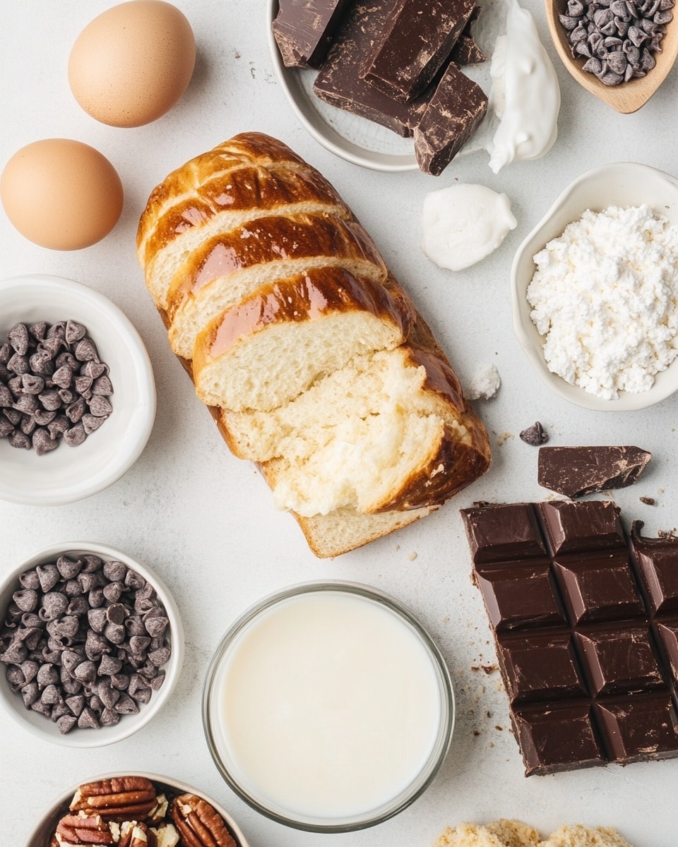 A square piece of chocolate dessert sits on a white plate with soft curved edges. The dessert has a dark, rich brown top layer with melted chocolate sauce thickly covering it, flowing slightly down the sides. Beneath, chunks of lighter brown cake or bread pieces can be seen, giving it a textured look. A gold fork rests on the right side of the plate. The plate is set on a light surface with small red and brown crumbs around, and a white marbled texture replaces the background. Photo taken with an iphone --ar 4:5 --v 7