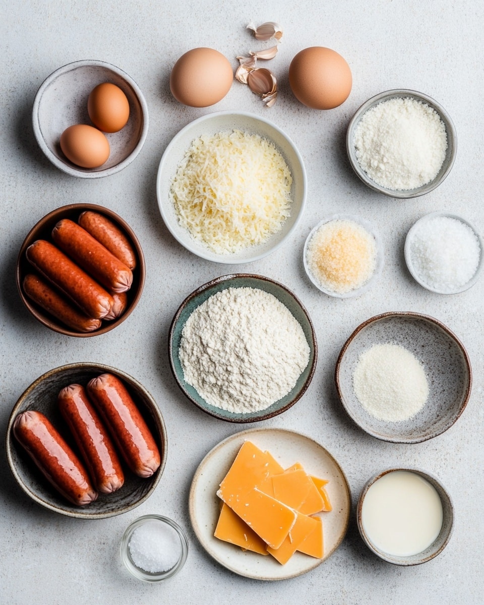 The image shows five golden-brown pretzel-wrapped sausages placed close together on a wooden board. Each sausage is wrapped with dark brown, shiny pretzel dough that has a textured, baked crust. The dough is sprinkled with coarse salt and small bits of chopped green herbs. Melted yellow cheese oozes from the ends of the sausages, stretching down the sides, and more cheese is melted on top into a gooey layer. In the background, there are two small white bowls, one with brown sauce and the other with a creamy yellow sauce. The entire setup is on a white marbled surface. photo taken with an iphone --ar 4:5 --v 7