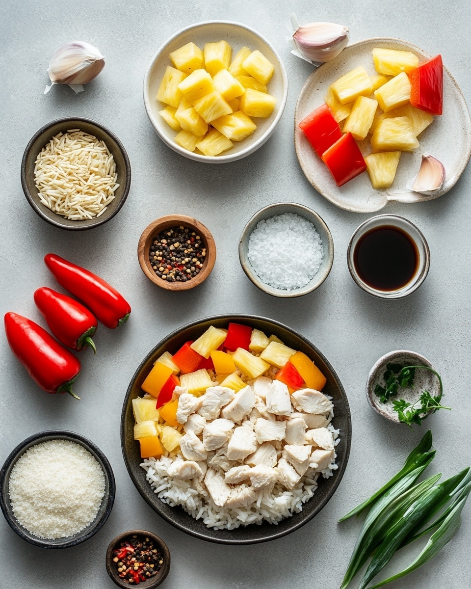 The image shows a close-up of nine yellow bell peppers, each hollowed out and filled with three distinct layers. The bottom layer inside the peppers is light beige cooked grains with a soft texture. On top of the grains are pieces of bright golden grilled pineapple, showing charred marks and a slightly shiny, caramelized surface. The dish is finished with small fresh green herb leaves scattered over the pineapple and grains. All the peppers are arranged closely together in a black baking tray, placed on a white marbled surface with a window in the background. The lighting highlights the bright yellow and green colors with some shadows for contrast. Photo taken with an iphone --ar 4:5 --v 7