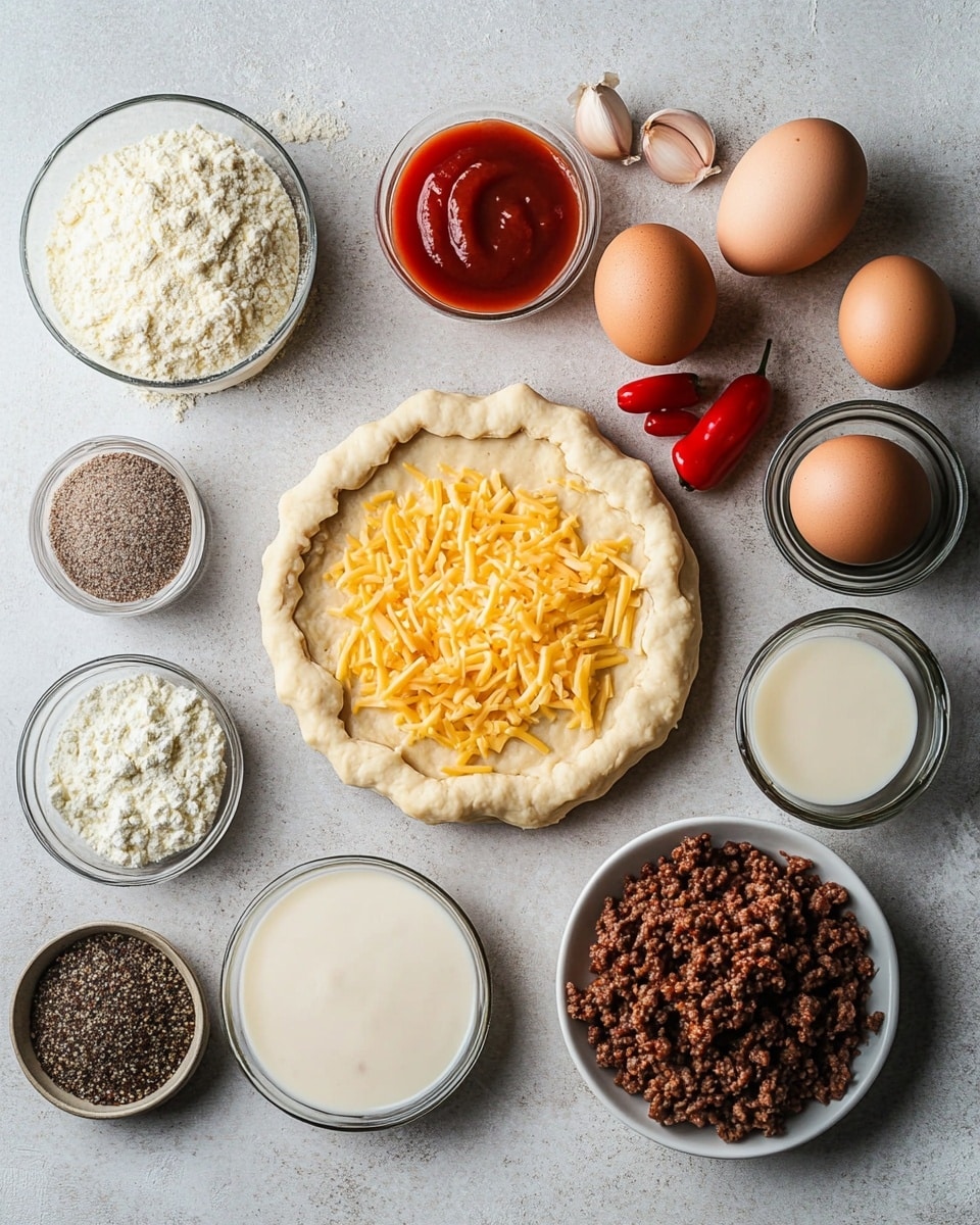 The image shows a round, deep dish with three visible layers. The bottom layer is a golden, crumbly cornbread base with a coarse texture. The middle layer is made of browned ground meat mixed with small bits of red bell pepper scattered throughout. The top layer is a smooth, melted cheddar cheese covering the meat, giving a vibrant yellow-orange color with some darker golden spots from baking. A triangular slice has been removed from the dish, exposing the layers clearly. The dish is placed on a white marbled surface with a dark cloth partially underneath the pan. photo taken with an iphone --ar 4:5 --v 7