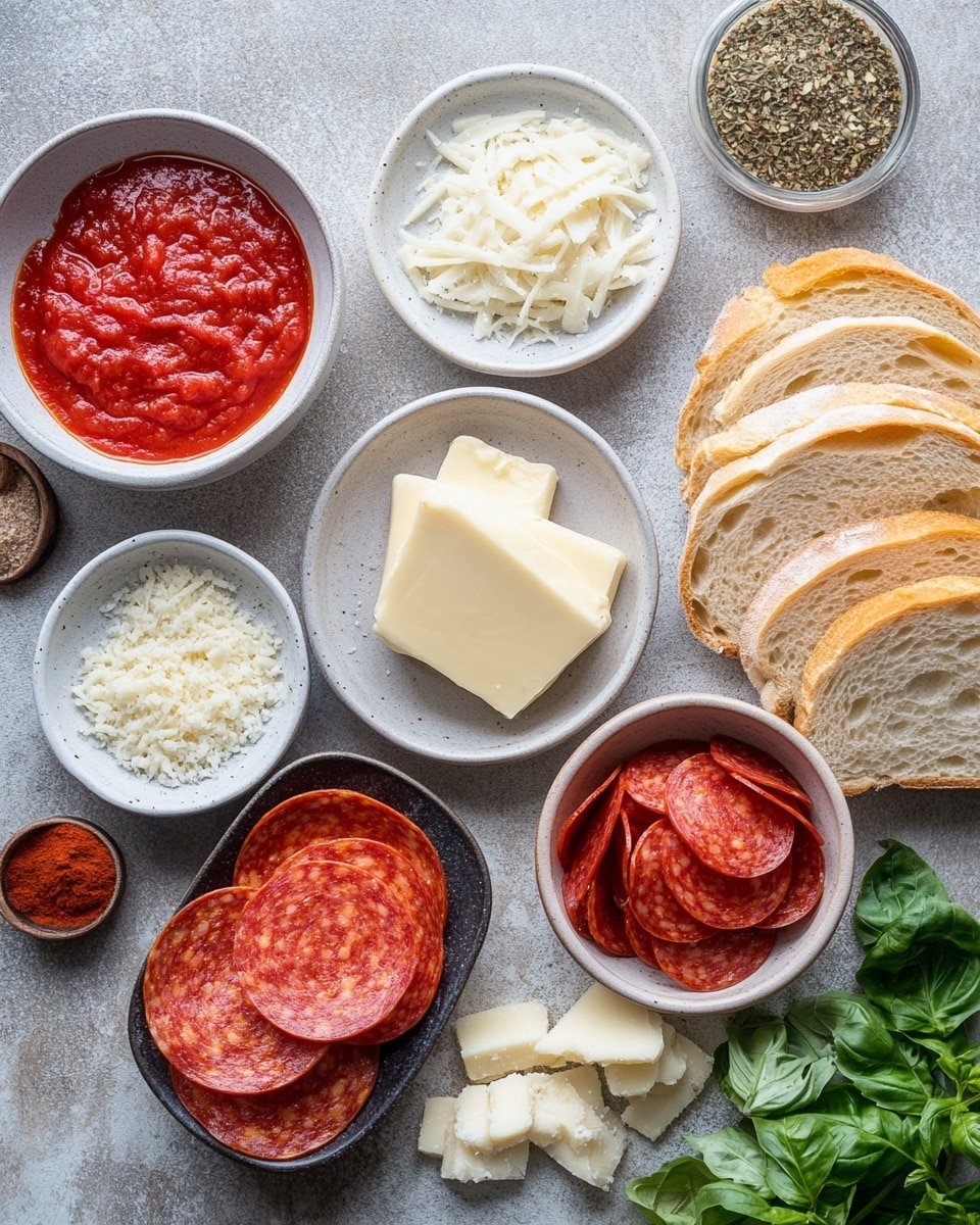Two toasted sandwiches sit stacked on a round wooden board; both sandwiches show golden-brown, crispy bread with melted cheese oozing slightly from the edges and slices of red pepperoni peeking out. To the left of the sandwiches, three loose pepperoni slices rest on a white marbled surface, and a silver spoon holds a small amount of red sauce. In the background, there is an open sandwich on a white slice of bread layered with pepperoni and shredded white cheese. Behind that, a small glass jar filled with red sauce topped with green herbs is visible. A striped kitchen towel with red and white stripes lies partly beneath the wooden board, and a large wedge of pale yellow cheese is at the bottom right corner. The scene is bright and rustic. Photo taken with an iphone --ar 4:5 --v 7