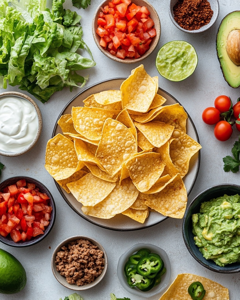 The image shows a white plate with a single taco cup placed at the center. The taco cup has multiple layers starting with a crispy, golden-brown tortilla shell forming the base. Inside the shell is a layer of cooked ground beef, followed by shredded lettuce and a mix of yellow and white shredded cheese. On top, there is a bright green layer of guacamole, a dollop of white sour cream, and small pieces of red diced tomatoes. Behind the plate, there is a white plate holding three more taco cups. To the right side, a white bowl filled with red salsa with chopped tomatoes and herbs is visible. The surface is a white marbled texture, and near the front, a black and white striped cloth is partially visible. Some shredded cheese is scattered on the surface. photo taken with an iphone --ar 4:5 --v 7