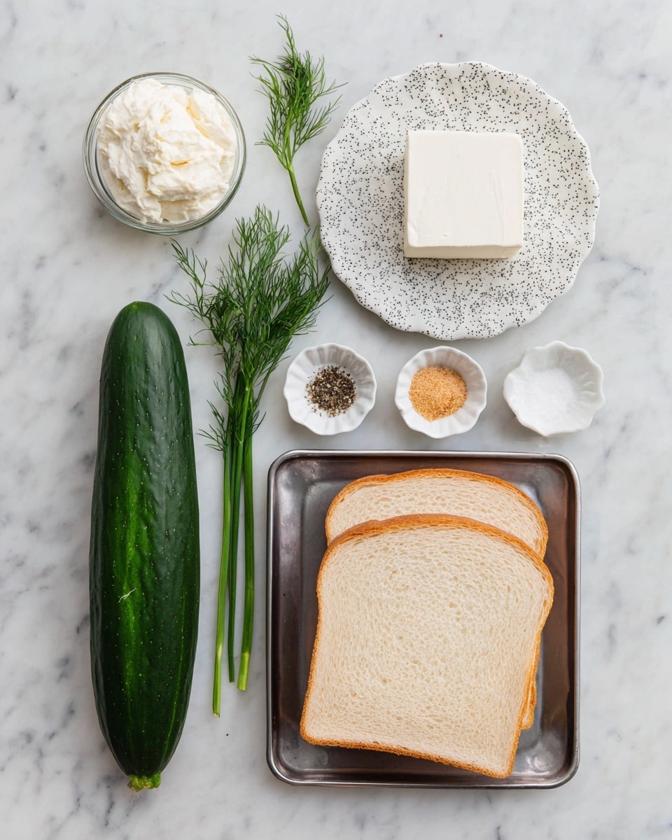 The image shows several small triangle sandwiches on a wooden cutting board, placed on a white marbled surface. Each sandwich has three layers: the top and bottom are soft white bread with a fine texture, and the middle filling is made of white creamy spread with green herbs mixed in, topped with thin, pale green cucumber slices. The focus is on one sandwich in the front with fresh chives and dill placed nearby. The overall look is light, fresh, and clean. Photo taken with an iphone --ar 4:5 --v 7