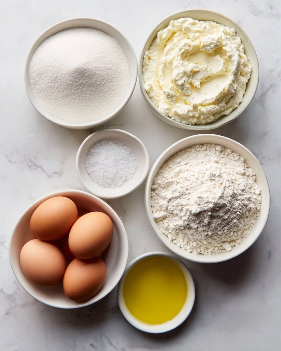 The image shows six small white bowls arranged on a white marbled surface. The top left bowl is filled with white granulated sugar, smooth and fine. To its right is a smaller bowl containing coarse salt, with large white grains. Below the sugar bowl is a bowl filled with soft, white ricotta cheese that has a creamy, slightly lumpy texture. The largest bowl on the right side holds a heap of white flour, fluffy and powdery. At the bottom left, a bowl contains six brown eggs with smooth shells. Lastly, at the bottom right, a bowl shows clear yellow olive oil with a shiny surface. Photo taken with an iphone --ar 4:5 --v 7