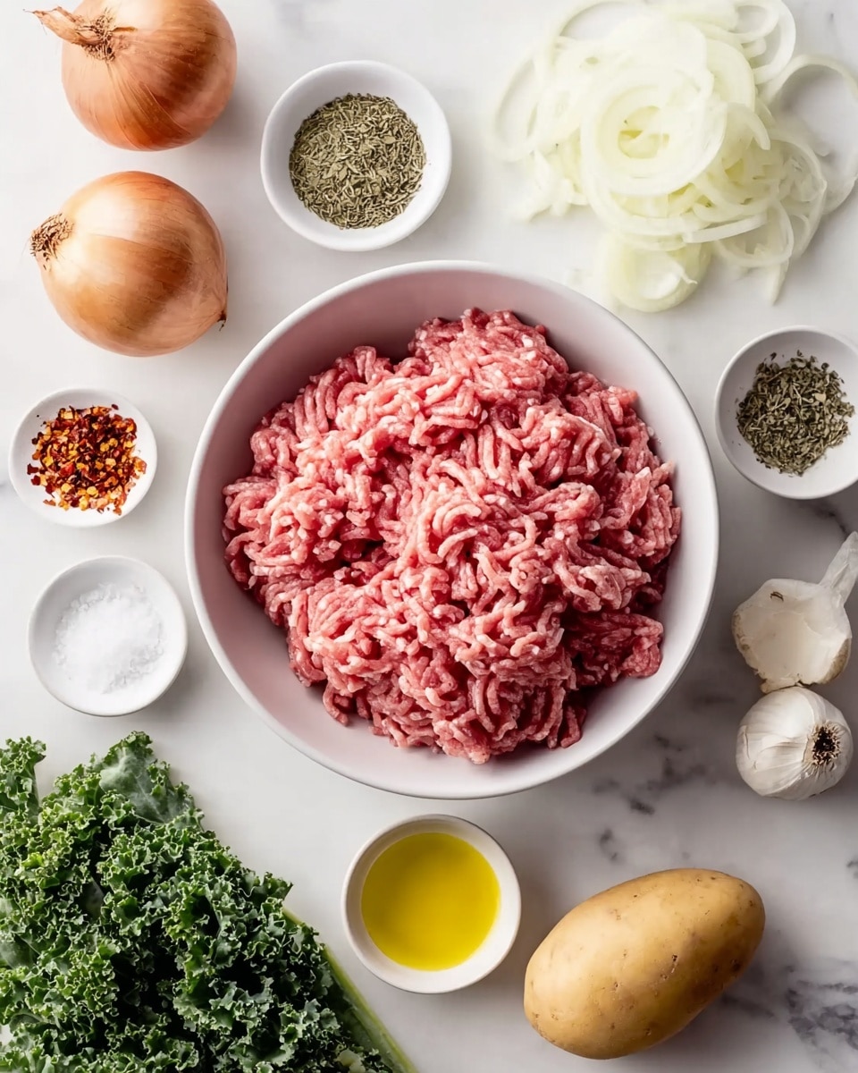A white bowl in the center has raw ground meat, pinkish with white fat strands, with loose, uneven texture. Around it, on a white marbled surface, are two whole brown onions on the top left, a small white bowl of sliced white onions on the top right, and a small pile of dry green herbs near the onion bowl. Below the ground meat on the right are three white garlic cloves and a medium brown potato. Below the potato and garlic is a bunch of curly green kale. On the bottom left is a small white bowl of yellow olive oil and above it a small white bowl of white coarse salt with red chili flakes scattered near the onions. photo taken with an iphone --ar 4:5 --v 7