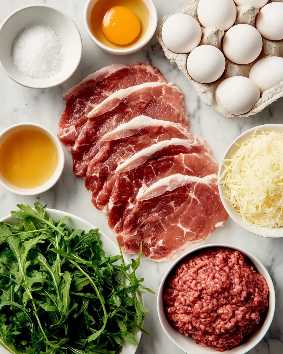The image shows five strips of raw bacon with a mix of reddish meat and white fat, arranged in a fan shape on a white marbled surface. Around the bacon, there are small white bowls containing different ingredients: coarse salt, a golden brown sauce, shredded white cheese, and raw ground beef with a reddish-pink color and coarse texture. A white bowl filled with fresh green arugula leaves is also visible. At the top right, a white egg carton holds six whole white eggs. The overall scene is clean and neat, with all ingredients clearly separated. photo taken with an iphone --ar 4:5 --v 7