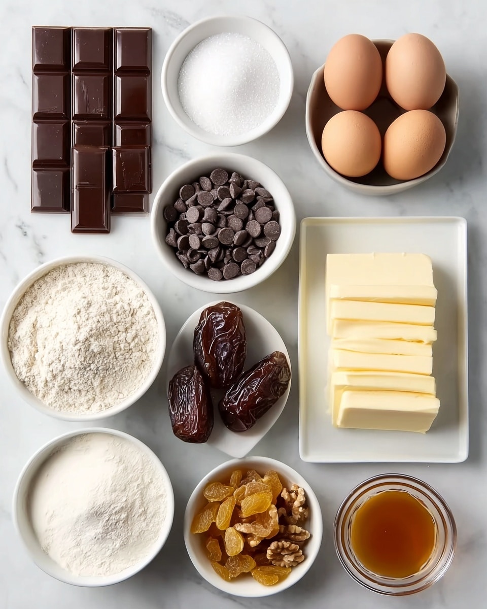 The image shows ten bowls and plates on a white marbled surface, each holding different baking ingredients. At the top left, there are two blocks of dark brown chocolate with a smooth surface. To the right, a small white bowl is filled with white granulated sugar. Next to it is a white egg holder with four brown eggs. Below the eggs, a white rectangular plate holds three slices of pale yellow butter. Below the butter, a small white bowl contains walnut halves with a rough texture. On the bottom right, a small clear glass bowl holds dark golden syrup with a shiny, sticky appearance. At the bottom center, a large white bowl holds white flour with a powdery texture. To the left of the flour, a small white bowl has yellow golden raisins. Above the raisins, a white bowl holds small dark chocolate chips. In the center, a white dish holds two shiny dark brown dates. photo taken with an iphone --ar 4:5 --v 7