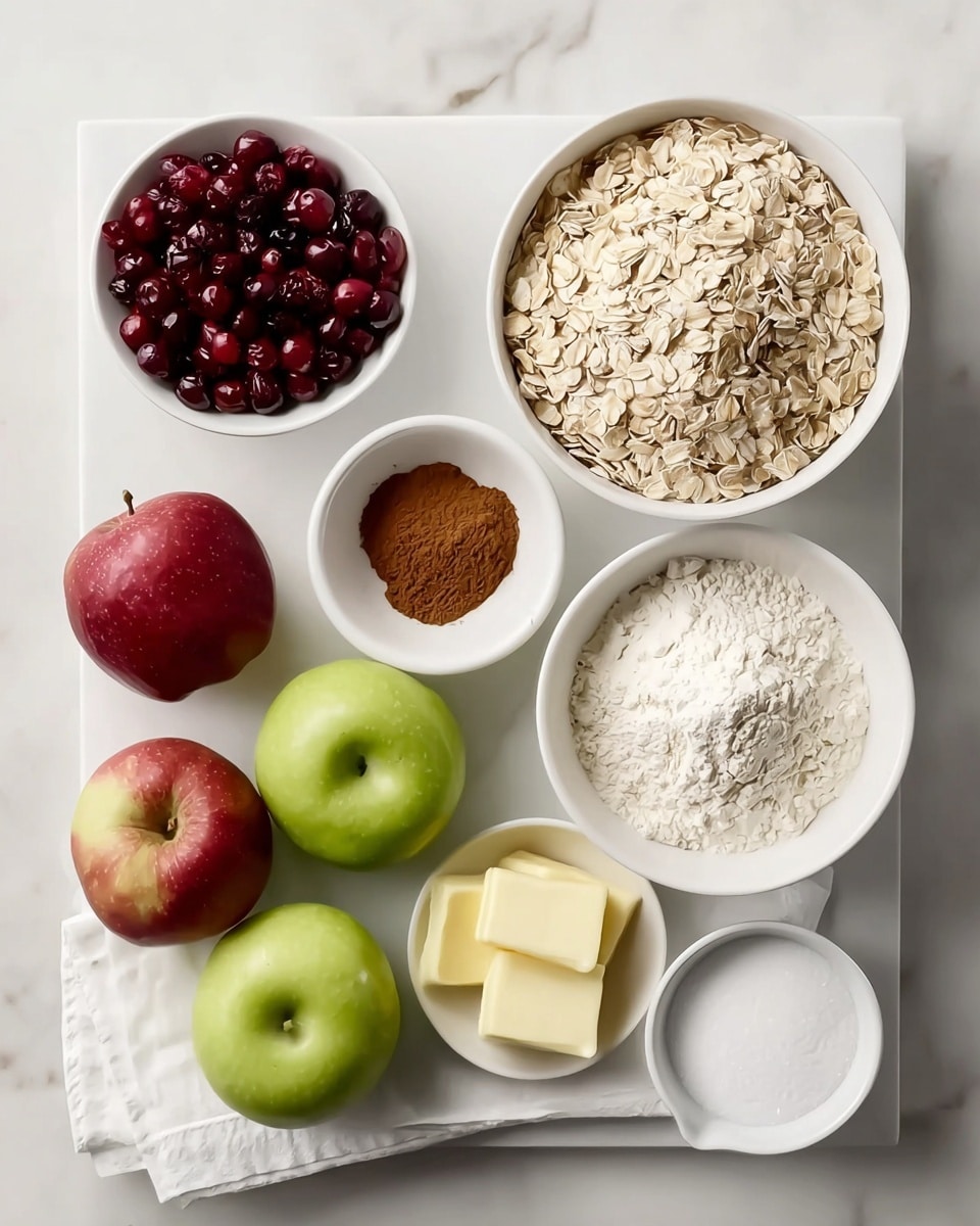 A set of six white dishes is arranged on a folded white cloth over a white marbled surface. Starting from top left, a small round bowl holds bright red cranberries with a shiny texture. To its right, a large round bowl is filled with beige rolled oats with a dry, coarse texture. Below the cranberries, a small bowl contains three square chunks of pale yellow butter with smooth edges. Next to it is a tiny bowl with a powdery brown cinnamon spice. In the middle bottom, a white plate holds five green apples and two red and yellow apples with smooth skins. To the right of the apples, a medium bowl is filled with bright white flour with a powdery texture. Lastly, near the bottom right corner, a small dish holds a mound of fine white sugar. photo taken with an iphone --ar 4:5 --v 7