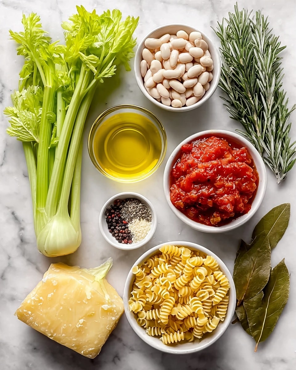 The image shows a neatly arranged set of cooking ingredients on a white marbled surface. There is one white bowl filled with coiled yellow pasta at the bottom right and another white bowl filled with small white beans just above the pasta. To the left of the beans, a white bowl holds a chunky red tomato sauce with bits of garlic. Above that, a small white bowl contains a mix of black and white pepper with salt. To the left of these bowls, a whole light brown onion sits next to a bunch of fresh green celery stalks that stretch vertically along the left side. Near the top middle, there is a small glass bowl with clear golden olive oil. On the right side, there are two brown bay leaves just above the oil and a bunch of dark green fresh rosemary sprigs. Below the celery and tomato sauce, a block of pale yellow cheese completes the layout. Photo taken with an iphone --ar 4:5 --v 7