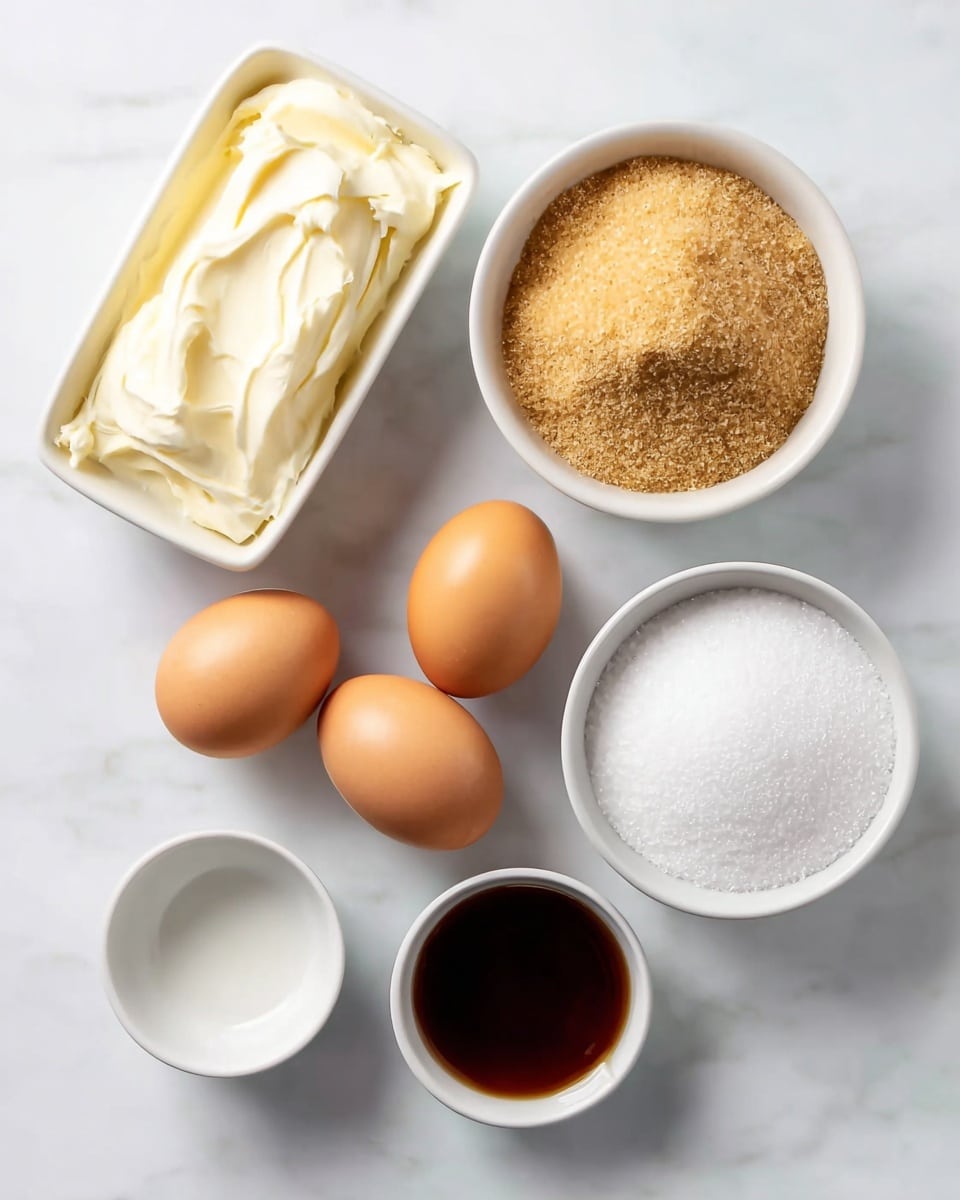 The image shows seven ingredients arranged on a white marbled surface: three brown eggs placed close together in the center; a rectangular white plate holding a thick layer of smooth, creamy white butter with soft swirls on its surface at the top left; a small white bowl filled with light brown granulated sugar with a rough texture at the top right; a small white bowl with fine white powder, likely flour or salt, just below the sugar; a small empty white bowl with a shiny inner surface at the bottom left; a small white bowl with a smooth, dark brown liquid that looks like syrup or vanilla extract at the bottom right; and a small white bowl containing a pale yellow creamy liquid next to the empty bowl. All items are neatly placed on the white marbled surface in a balanced composition. photo taken with an iphone --ar 4:5 --v 7
