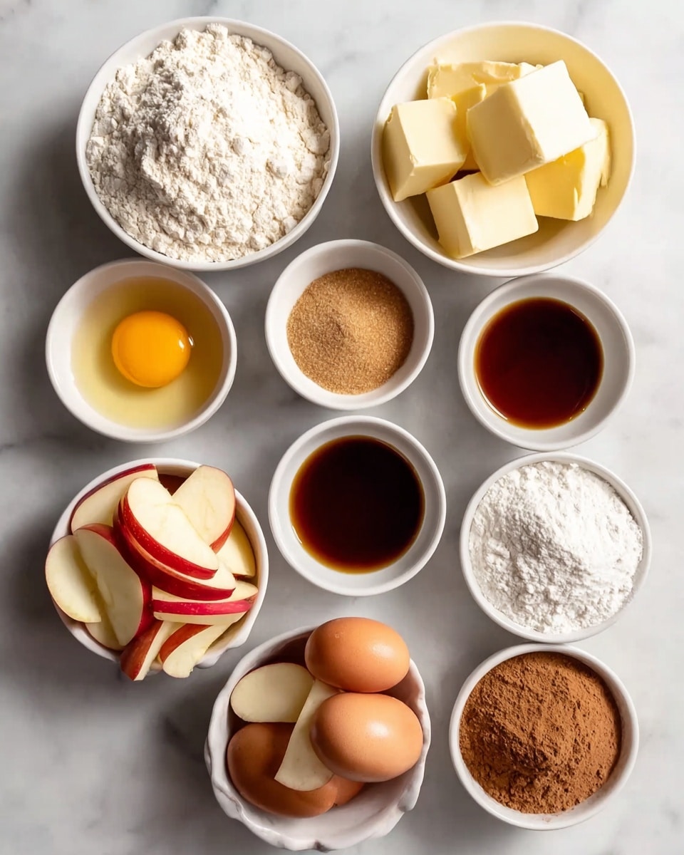 The image shows eight white bowls arranged neatly on a white marbled surface. Starting from the top left, a large bowl is filled with fine white flour with a slightly grainy texture. To its right, another large bowl holds medium-sized cubes of pale yellow butter. Below the flour, a smaller bowl contains a mix of brown sugar, textured and slightly rough. To the right of the sugar, a small bowl of dark amber liquid, smooth and glossy, is placed. Below the sugar, a white bowl contains one raw egg with clear white and a bright yellow yolk. Next to it, a bowl holds a single brown egg with a smooth shell. Below the butter, a small bowl holds a fine cinnamon-colored powder with a soft texture. At the bottom left, a larger bowl contains fresh apple slices with red skin and creamy white flesh, neatly layered. To the right of the apple slices, a big bowl holds white powdered sugar with a fine texture. Photo taken with an iphone --ar 4:5 --v 7