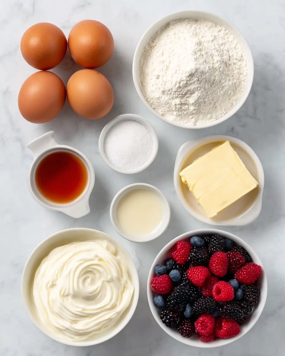 The image shows seven brown eggs placed together on a white marbled surface, next to a white bowl filled with white flour. Surrounding these are smaller white bowls containing light yellow butter, orange-brown syrup, white sugar, a small amount of cream, thick white whipped cream, and a bowl filled with fresh mixed berries including red raspberries, black blackberries, and blue blueberries. The arrangement is neat and each ingredient is clearly visible, set against a clean white marbled background. Photo taken with an iphone --ar 4:5 --v 7