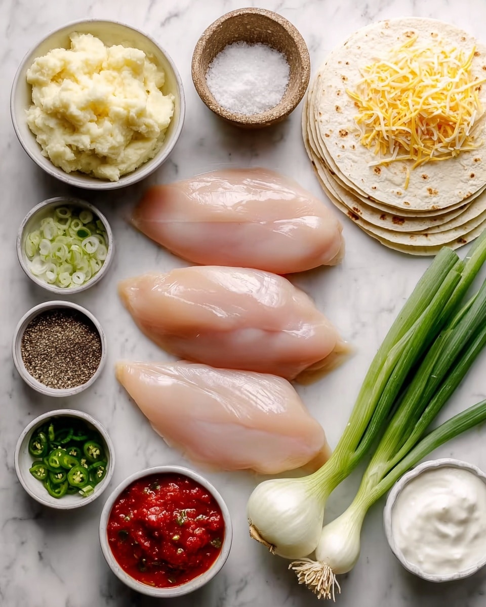 A clean white marbled surface holds a neat arrangement of fresh ingredients. There are three smooth, raw chicken pieces in the center, pale pink and shiny. To the right, a small white onion and three green onions with long green stalks and white roots sit side by side. Above them, a small stack of white tortillas topped with shredded yellow cheese forms a soft, warm-colored pile. Surrounding the chicken are six small white bowls — one filled with yellow mashed potatoes, another with coarse white salt, one with pepper specks, a bowl of light green salsa, a rich red salsa with pieces of tomatoes and green herbs, and the last bowl holds smooth white sour cream. The setting is simple and bright, with a clear focus on the fresh, raw ingredients. photo taken with an iphone --ar 4:5 --v 7