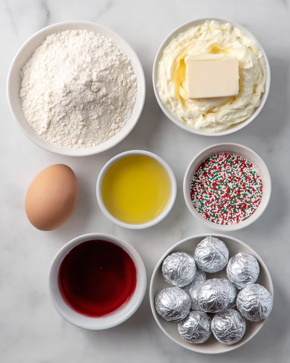 The image shows several baking ingredients placed on a white marbled surface organized in a loose cluster. There are six main items: a white bowl filled with white flour in the bottom right, above it a white bowl with yellow melted butter, to the left a white bowl with white ricotta cheese topped with a square block of butter, and below it a brown egg lying on the surface. Below the egg, there is a small white bowl with red liquid, and next to it, another small white bowl with round, colorful sprinkles in red, green, white, and pink. On the bottom right side, there are six silver-wrapped chocolate balls arranged in a small group. The setup is neat with bright lighting and a clear view of all ingredients photo taken with an iphone --ar 4:5 --v 7