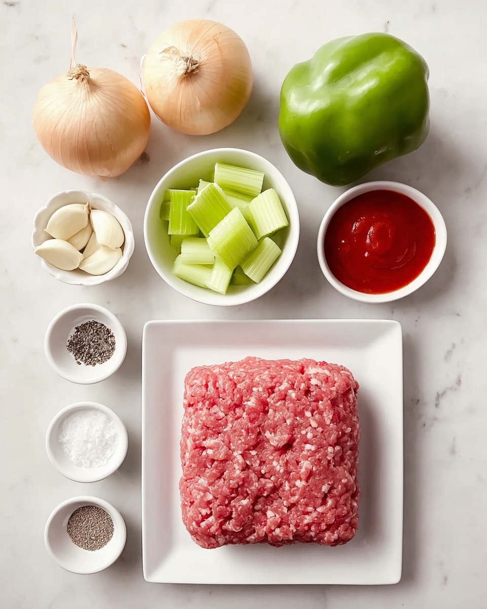 The image shows seven ingredients that are neatly arranged on a white marbled surface. At the center bottom, there is a white square plate with a large, raw ground meat mound that is pinkish-red with white fat specks. On the top row from left to right, there are two whole onions, one light yellow and one golden brown, and a whole green bell pepper. Below the onions on the left, there is a small white round bowl with several peeled garlic cloves, next to it a smaller white bowl filled with ground black pepper. To the right, there is a white bowl filled with chopped light green celery pieces. On the bottom right, there are two more white round bowls, one with white salt and the other with red tomato sauce. The ingredients are well organized in rows, showing their colors and textures clearly. photo taken with an iphone --ar 4:5 --v 7