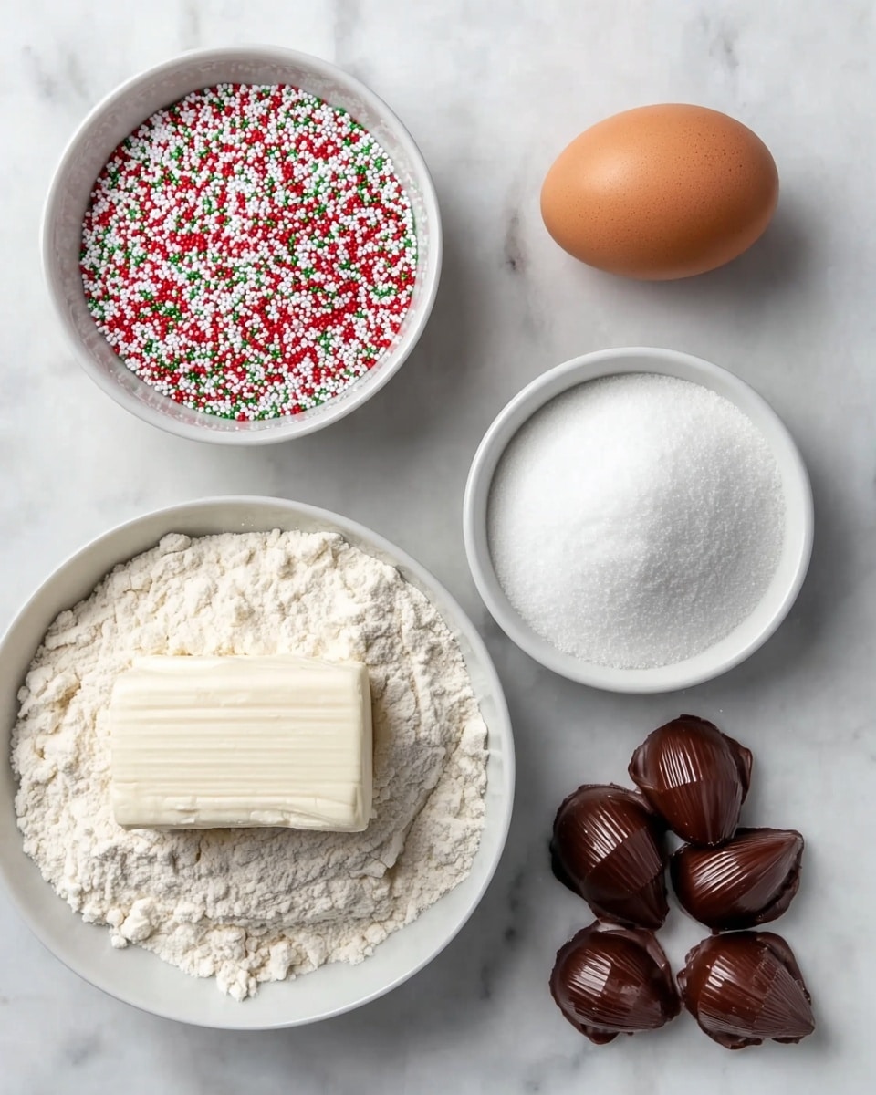 The image shows six ingredients arranged on a white marbled surface. There is a single brown egg at the top center. Below the egg is a white bowl filled with white flour piled high. To the left of the egg is a small white bowl containing red, white, and green round sprinkles. To the right of the egg is another small white bowl filled with granulated white sugar. Next to the sugar bowl is a block of soft white cream cheese with a smooth texture and ridges on one side. At the bottom right, close to the cream cheese, are several smooth, shiny dark brown chocolate pieces with a cone-like shape. photo taken with an iphone --ar 4:5 --v 7