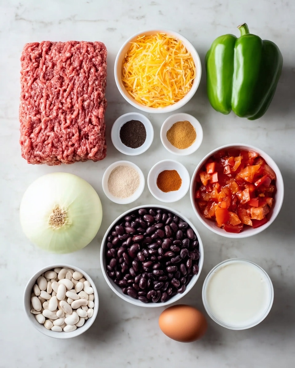 A white marbled surface with a square mound of raw ground beef showing red and pink shades with visible veins and texture in the top left. To the right, three small white bowls are stacked vertically containing shredded yellow and orange cheese, diced red tomatoes in sauce, and dark black beans with a shiny surface. Below the beef lies a green bell pepper with smooth, glossy skin on the left, a white onion with a papery outer layer in the center, and a cluster of three small white bowls holding white beans, a mix of red, black, and white spices, and a brown egg. On the far right at the bottom is a larger white bowl filled with white liquid, all laid neatly with soft natural light and no shadows. Photo taken with an iphone --ar 4:5 --v 7