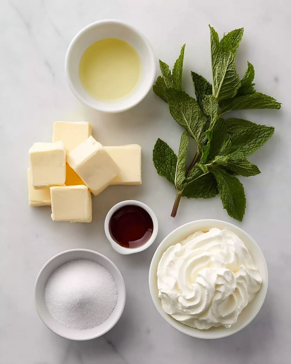 The image shows a simple arrangement of ingredients on a white marbled surface: a white bowl filled with soft white cream at the bottom right, a white bowl with granulated white sugar at the bottom left, a pile of pale yellow butter cubes stacked near the center left, a white bowl with a dark brown liquid near the center right, a white bowl with light yellow oil at the top left, and a bunch of fresh green mint leaves at the top right. The items are spaced out neatly, showing clear textures like the smooth cream, soft butter edges, grainy sugar, and fresh leafy veins. Photo taken with an iphone --ar 4:5 --v 7