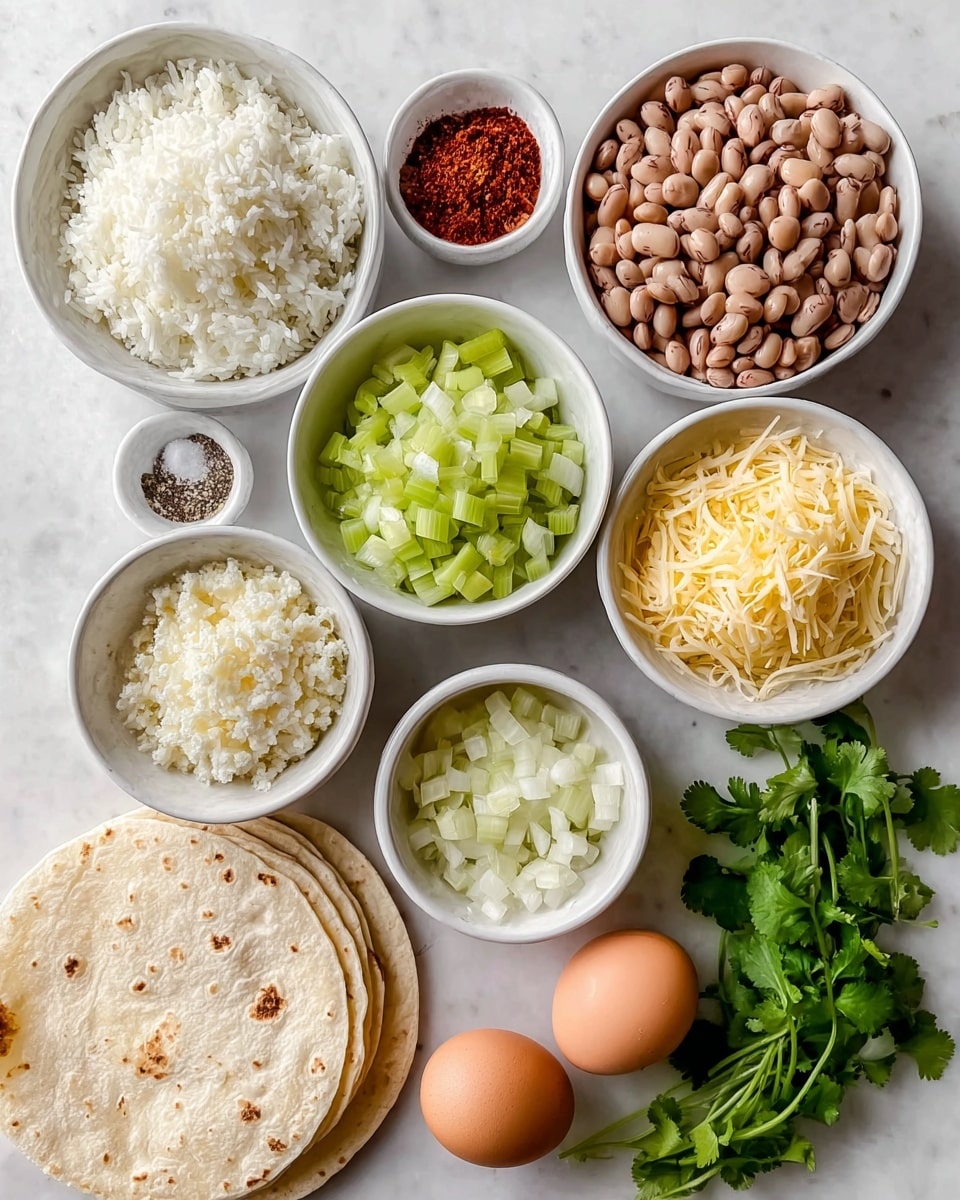 The image shows a top view of various cooking ingredients arranged neatly on a white marbled surface. There are two large bowls on the top row, one filled with fluffy white rice on the left and the other with light brown beans on the right. Between them are two whole brown eggs. Below these, from left to right, there is a bowl filled with finely chopped green and white celery and onion mix, a small bowl of red chili powder, a small bowl of white salt, and a bowl filled with shredded yellow cheese. Below these, a small bowl holds ground black pepper, and another contains diced white onion. At the bottom left, there is a neat stack of white tortillas, and next to them is a small bunch of fresh green cilantro leaves. The overall look is clean and organized with soft natural lighting, photo taken with an iphone --ar 4:5 --v 7
