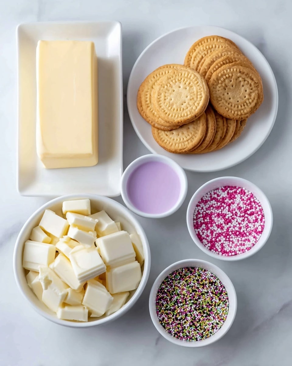 The image shows a white oval plate filled with a neat stack of golden sandwich cookies with cream filling, placed on a white marbled surface. To the left of the plate, there is a stick of butter with a smooth pale yellow texture. Below the butter, a white bowl holds many small, even cubes of creamy white chocolate. Next to the bowl of chocolate cubes is a small white bowl filled with colorful round sprinkles in white, pink, green, yellow, and black. Above this, a tiny white bowl contains bright pink liquid. All items are arranged neatly and brightly lit. Photo taken with an iphone --ar 4:5 --v 7