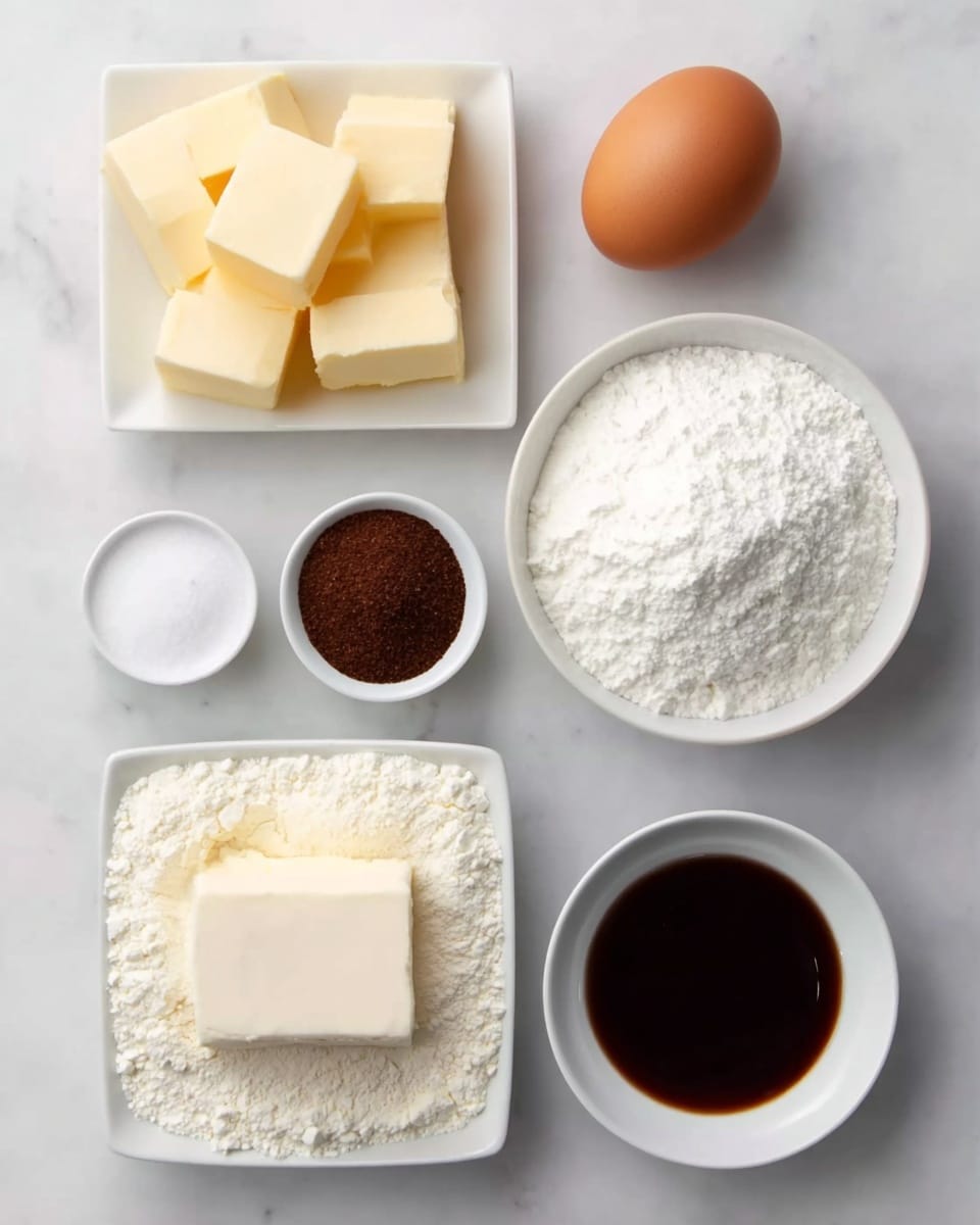 The image shows six baking ingredients neatly arranged on a white marbled surface. At the top left is a white rectangular dish filled with pale yellow butter pieces, arranged in two layers. To the right of the butter is a single brown egg with a smooth shell. Below the butter, a small white round bowl holds dark brown sugar with a grainy texture. Next to the sugar, there is a white square dish filled with white flour that is slightly mounded and appears soft and powdery. Below the sugar, another small white round bowl contains white powdered sugar, also fluffy and fine. Finally, to the right of the powdered sugar is a small white round bowl filled with dark brown liquid vanilla extract, smooth and shiny. The ingredients are all clearly visible with soft natural lighting, photo taken with an iphone --ar 4:5 --v 7