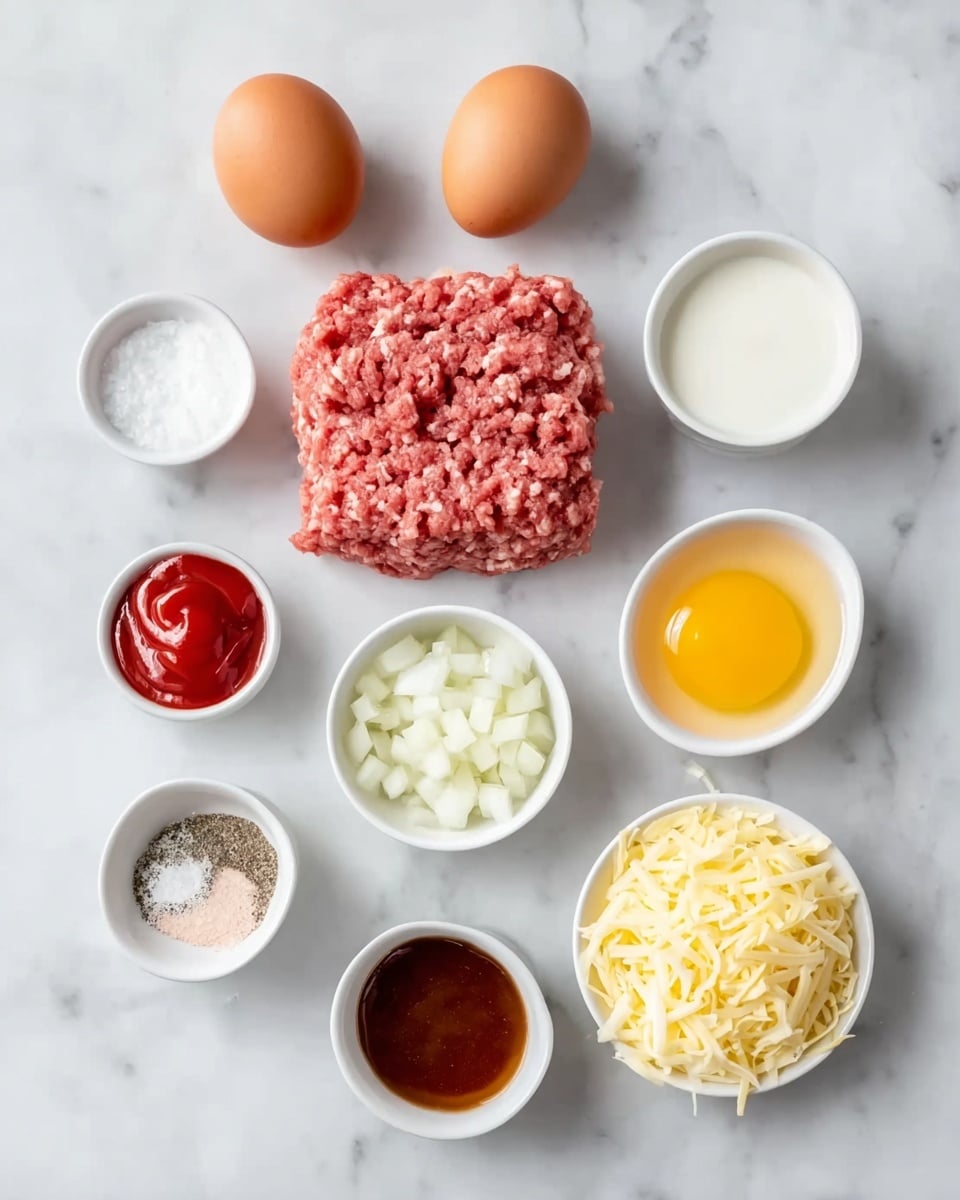 The image shows various ingredients arranged neatly on a white marbled surface. At the center, there is a rectangular block of raw ground meat with a pinkish color and a coarse texture. Above it, two whole brown eggs sit side by side, and next to them is a white bowl filled with a white liquid, likely milk or cream. Below the eggs and milk, there are finely chopped white onions spread out on the surface. Around the meat and onions, there are five small white bowls: one containing a bright yellow raw egg yolk, another with a dark brown sauce topped with coarse salt, a third holding a thick red sauce resembling ketchup, a fourth with white granulated salt, and the last bowl filled with shredded pale yellow cheese. The overall arrangement is clean and organized, and the white marbled background highlights the colors and textures of the ingredients clearly photo taken with an iphone --ar 4:5 --v 7