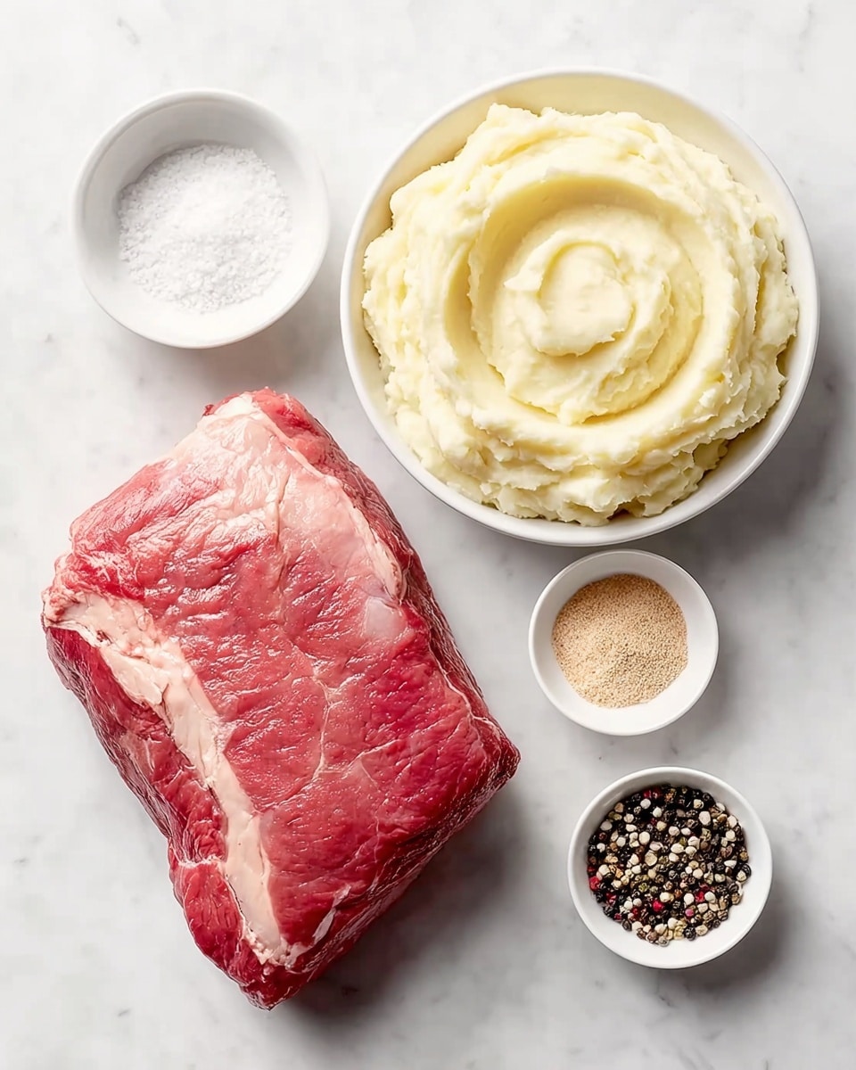 A large, raw piece of red meat with light white streaks of fat is placed on the bottom left of the image, lying on a white marbled surface. Above the meat, there is a round white bowl filled with creamy, smooth mashed potatoes, showing soft peaks and a swirling texture in off-white and pale yellow tones. Around these main items are three smaller white bowls: one containing coarse white salt grains, another filled with a mix of black and white whole peppercorns, and the last holding light beige granulated seasoning. The items are spread evenly, creating a neat and clean presentation. photo taken with an iphone --ar 4:5 --v 7