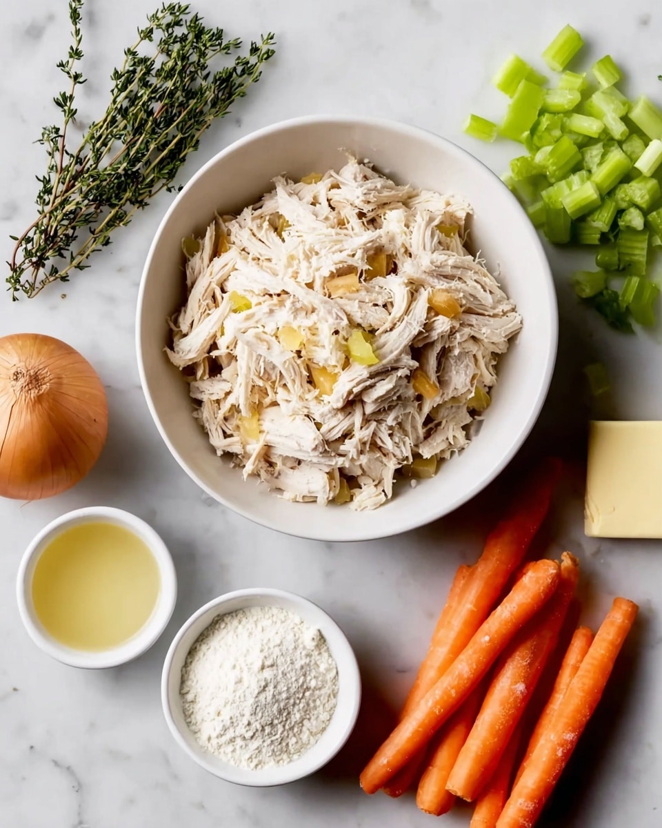 The image shows a white bowl filled with shredded pale white and light yellow chicken sitting near the top center. Around the bowl on a white marbled surface are fresh green celery pieces chopped into small chunks, three whole orange carrots with some shine, a whole light brown onion, and a small bunch of fresh dark green thyme sprigs. Also present are a white bowl of pale yellow liquid, a white bowl filled with white flour, and a small white dish with a square piece of pale yellow butter. The items are spread out neatly and well-lit, capturing their natural colors and textures. Photo taken with an iphone --ar 4:5 --v 7