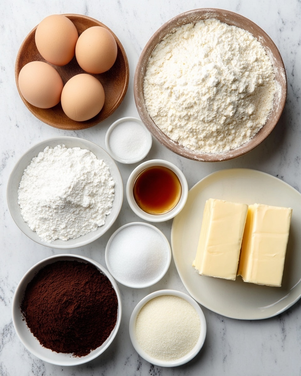 The image shows seven ingredients arranged on a white marbled surface: two brown eggs and one light brown egg placed near the top left, a small round bowl of coarse white salt on the far left, a large bowl filled with white flour at the top right, a small bowl of light brown vanilla extract to the right center, a round dish of white sugar below the flour, a small bowl of white baking powder left of the sugar, a white bowl filled with dark brown cocoa powder at the bottom left, and a white plate at the bottom right holding two rectangular blocks of light yellow butter. All the bowls and plates are white. photo taken with an iphone --ar 4:5 --v 7