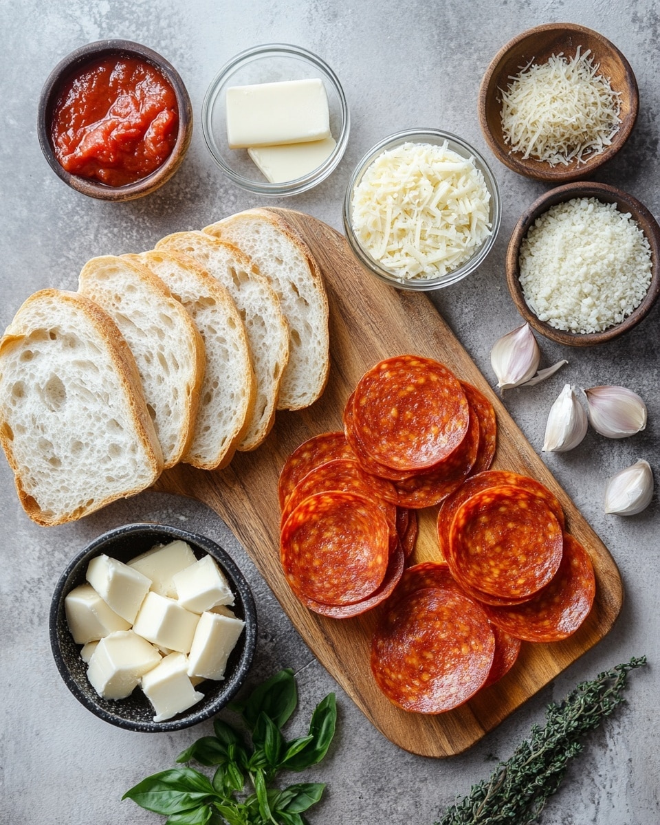 A close-up of a grilled sandwich stacked with two layers, each made of golden brown toasted bread with a slightly crispy texture. Inside, there is a layer of melted gooey white cheese, and thin round slices of reddish pepperoni, some of which slightly melt and curl at the edges. The sandwich is placed on white parchment paper on top of a wooden surface, with a few pepperoni slices scattered around. Green leafy lettuce is blurred in the background with a small clear bowl of red sauce to the right. Photo taken with an iphone --ar 4:5 --v 7