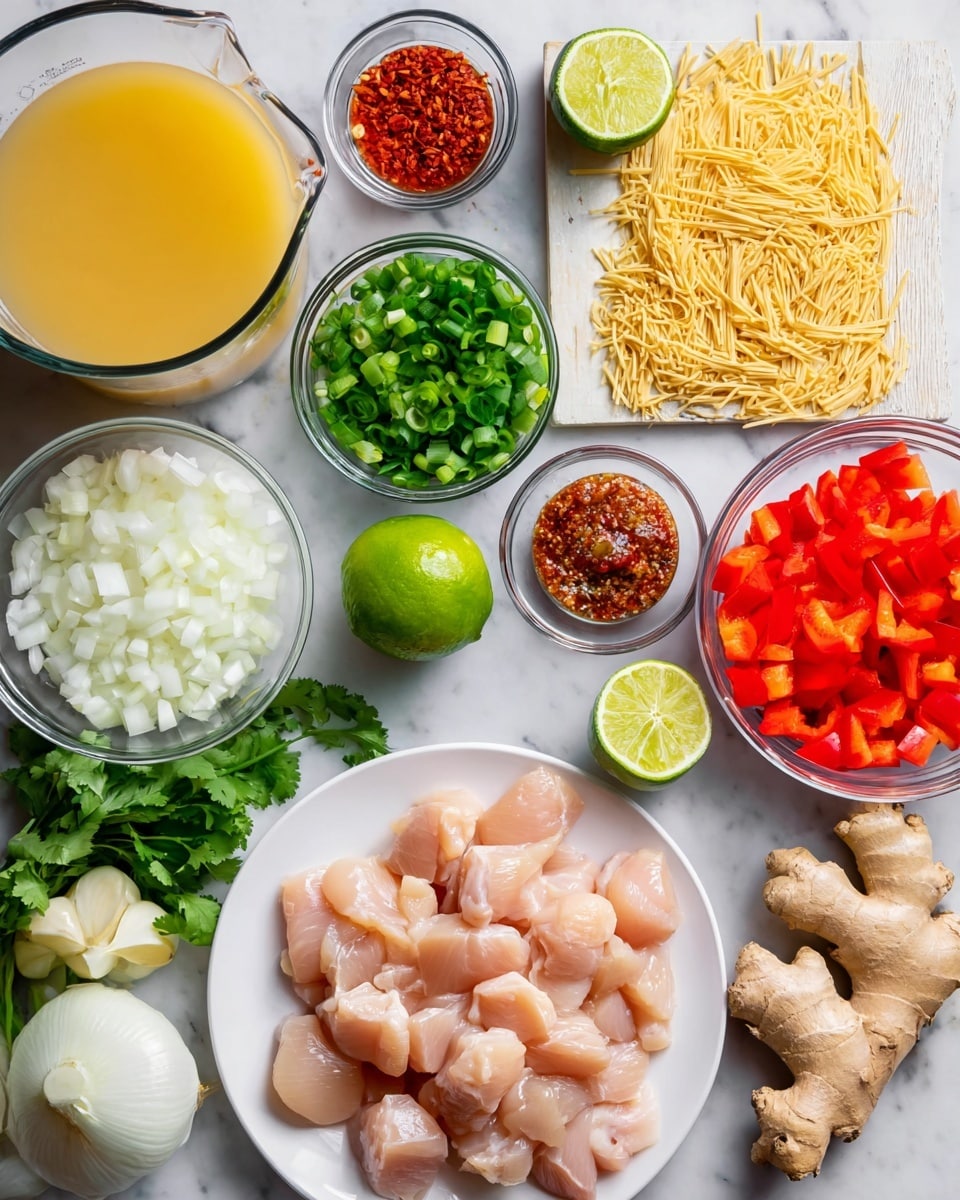 The image shows various raw ingredients arranged neatly on a white marbled surface. In the bottom right corner, there is a white plate filled with small, pink, cubed raw chicken pieces. To the left, there is a glass cup filled with orange-colored liquid next to a bunch of uncooked light yellow noodles. Above the noodles, there are three peeled garlic cloves. Above the chicken, there are pieces of fresh ginger root, with one slice revealing its yellow inside. Directly above the ginger is a glass bowl with white liquid. Next to it are three small clear bowls filled with chopped green onions, brown powder, and deep red powder. To the left of the powders is a large glass bowl holding finely chopped white onions. A halved lime rests next to a bunch of fresh green cilantro, and a small glass cup with light brown liquid is placed near the top center of the image. photo taken with an iphone --ar 4:5 --v 7