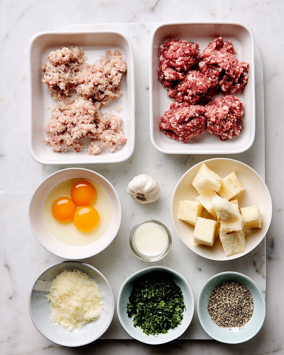 A white bowl filled with three layers: the bottom layer is long, pale yellow spaghetti noodles slightly tangled; the middle layer is a bright red chunky tomato sauce spread evenly over the pasta; the top layer has six medium-sized round meatballs coated with more tomato sauce and sprinkled with finely grated light cream cheese and green herbs. One meatball is split in half showing a speckled, light brown inside. A golden fork rests on the right side of the bowl, partially under the noodles. The bowl is placed on a white marbled surface with a small white bowl containing grated cheese nearby. photo taken with an iphone --ar 4:5 --v 7
