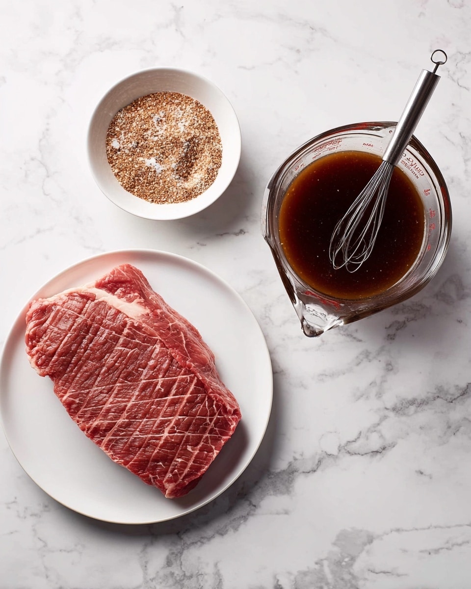 On a white plate, there is a thick piece of raw meat with a layer of fat on one side, showing a red and white marbled texture. Near it, on a white marbled surface, there is a small white bowl filled with a mix of coarse spices, light brown with white bits, and a fork resting inside. Next to the bowl is a glass measuring cup holding a dark brown liquid with a small whisk inside. All items are arranged neatly with bright, even lighting. Photo taken with an iphone --ar 4:5 --v 7