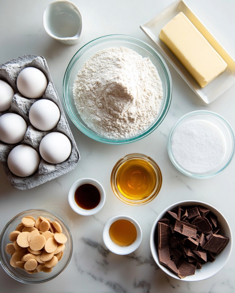 A top view shows various baking ingredients neatly arranged on a white marbled surface. There is a large clear glass bowl filled with white flour at the top left. To the right, a white ceramic dish holds a stick of pale yellow butter. Below the butter, a white bowl contains white granulated sugar. At the bottom right, a white bowl is filled with dark chocolate chunks. At the bottom left, a small clear glass bowl holds light brown butterscotch chips. Nearby is a gray carton holding three white eggs. Two small white sauce dishes contain a yellow liquid and a dark brown liquid, respectively. A small clear glass bowl has white granulated sugar, and a small light blue ceramic bowl holds fine white salt. The overall layout is clean and evenly spaced, with natural light highlighting the textures and colors. Photo taken with an iphone --ar 4:5 --v 7