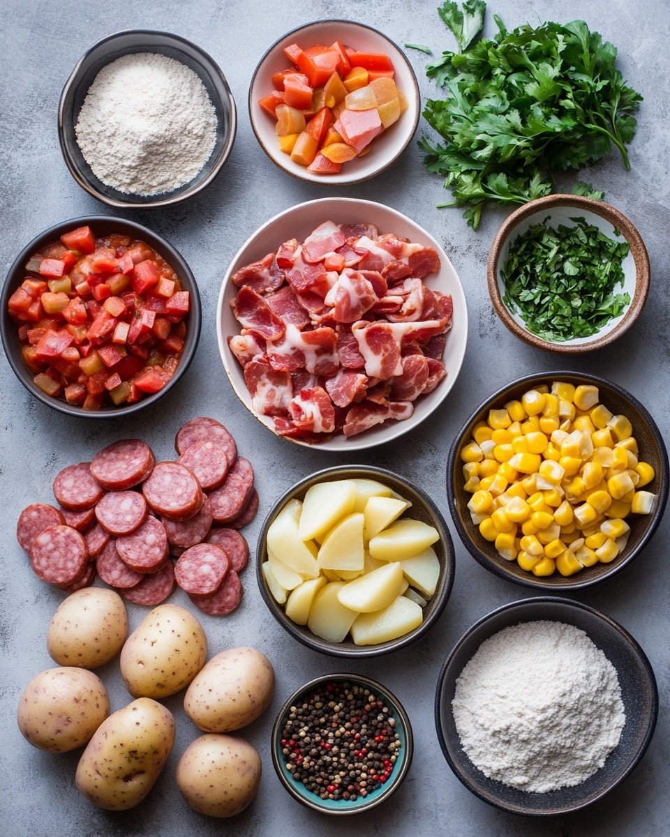 A large white round pot filled with thick, rich reddish-brown soup that has several layers of chunky ingredients mixed in. The soup has yellow corn kernels, white potato cubes, bright red kidney beans, green peas, and small bits of green bell pepper scattered throughout. Small pieces of cooked meat and diced carrots add texture, all floating in the smooth, slightly shiny broth. A silver ladle is partly submerged in the soup on the left side. The pot has blue handles at the top edge. The background is a white marbled surface. Photo taken with an iphone --ar 4:5 --v 7