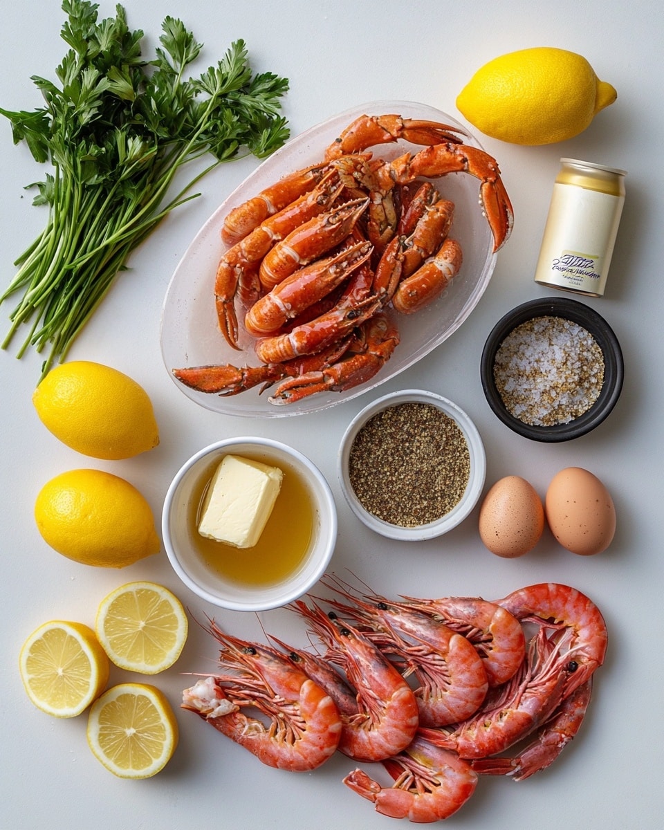 The image shows a large metal tray filled with a seafood boil. There are bright orange crab legs scattered across the top and sides, with pink shrimp mixed throughout the dish. Yellow corn pieces with a slightly bumpy texture are placed in different spots on the tray. Small round potatoes in red, yellow, and white colors are spread all over, coated in herbs and seasoning. Lemon wedges are placed nearby, adding a fresh yellow accent. The whole dish is covered with a layer of green parsley flakes and spices, sitting on a white marbled surface. photo taken with an iphone --ar 4:5 --v 7