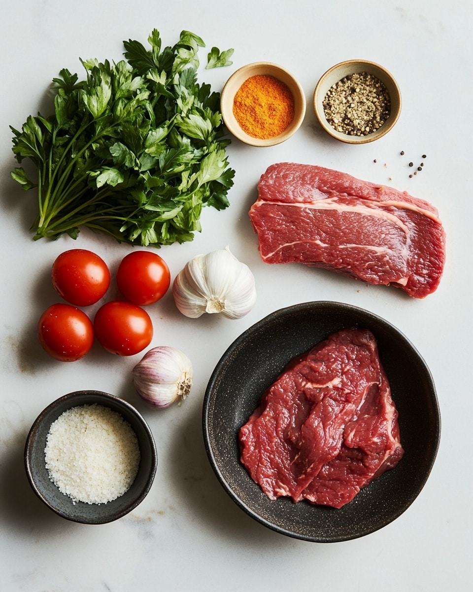 The image shows four thick pieces of rolled meat that have a dark brown outer layer with a slightly crispy texture, and a lighter, tender inner layer with a reddish meat center. Each roll is covered in a rich, chunky red sauce with visible pieces of herbs and small bits of onion or garlic sprinkled on top. The rolls are arranged close together on a round white plate with a subtle speckled pattern, sitting in a shallow pool of the same red sauce. Bright green herb leaves are sprinkled on the rolls and sauce for a fresh touch. The scene is set on a smooth white marbled surface. photo taken with an iphone --ar 4:5 --v 7
