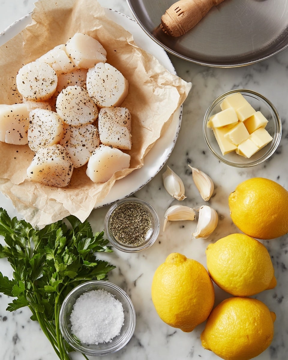 A white plate lined with light brown parchment paper holds many small, shelled scallops sprinkled with coarse black pepper. Next to the plate are two bright yellow lemons, one cut in half showing its juicy inside, along with three peeled garlic cloves and a small glass bowl of coarse sea salt. Another small glass bowl contains crushed black pepper. A bunch of fresh dark green parsley lies at the bottom, while a block of pale yellow butter is partially unwrapped and cut into cubes on a white marbled surface. On the upper left side, a shiny stainless steel pan with a metallic handle shows minor reflections. A wooden citrus juicer is placed near the lemons. Photo taken with an iphone --ar 4:5 --v 7